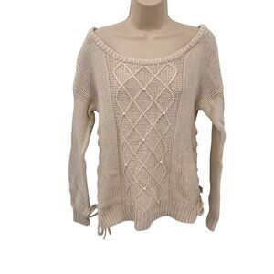 Stussy Knit Sweater Womens Medium Cream Cotton Wool Blend Pearl Detail Vintage‎